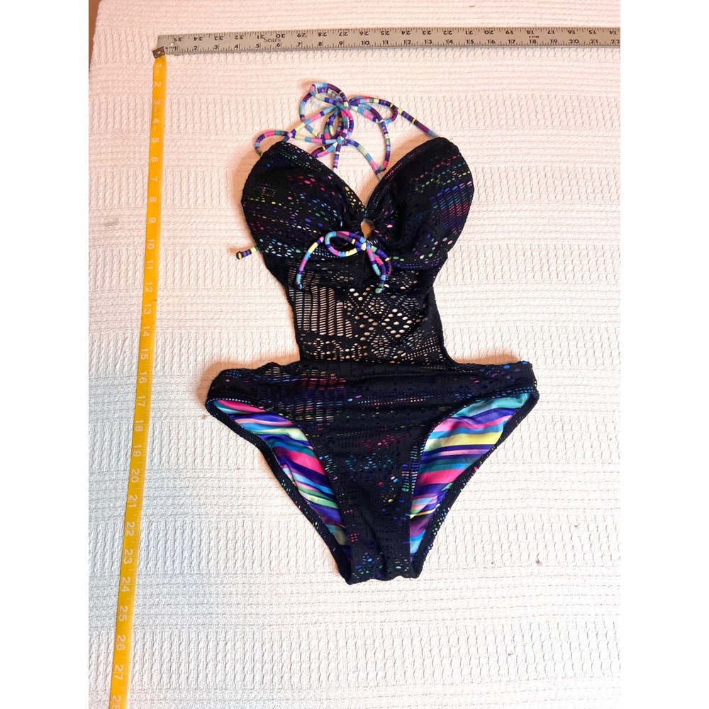 Ocean Pacific OP Womens Rainbow Crochet Monokini One Piece Swimsuit Black Medium